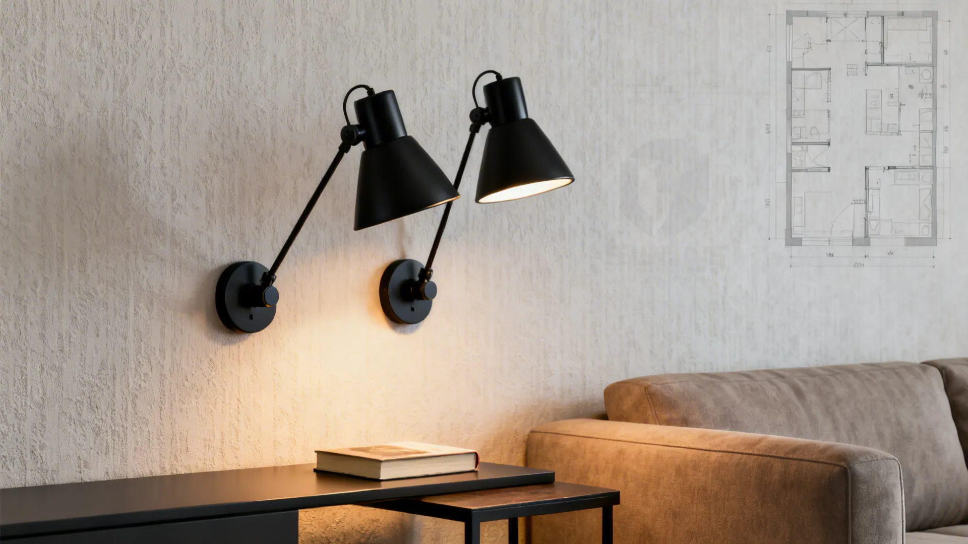 Black swing-arm wall lamps mounted over a sofa and console against light textured wallpaper