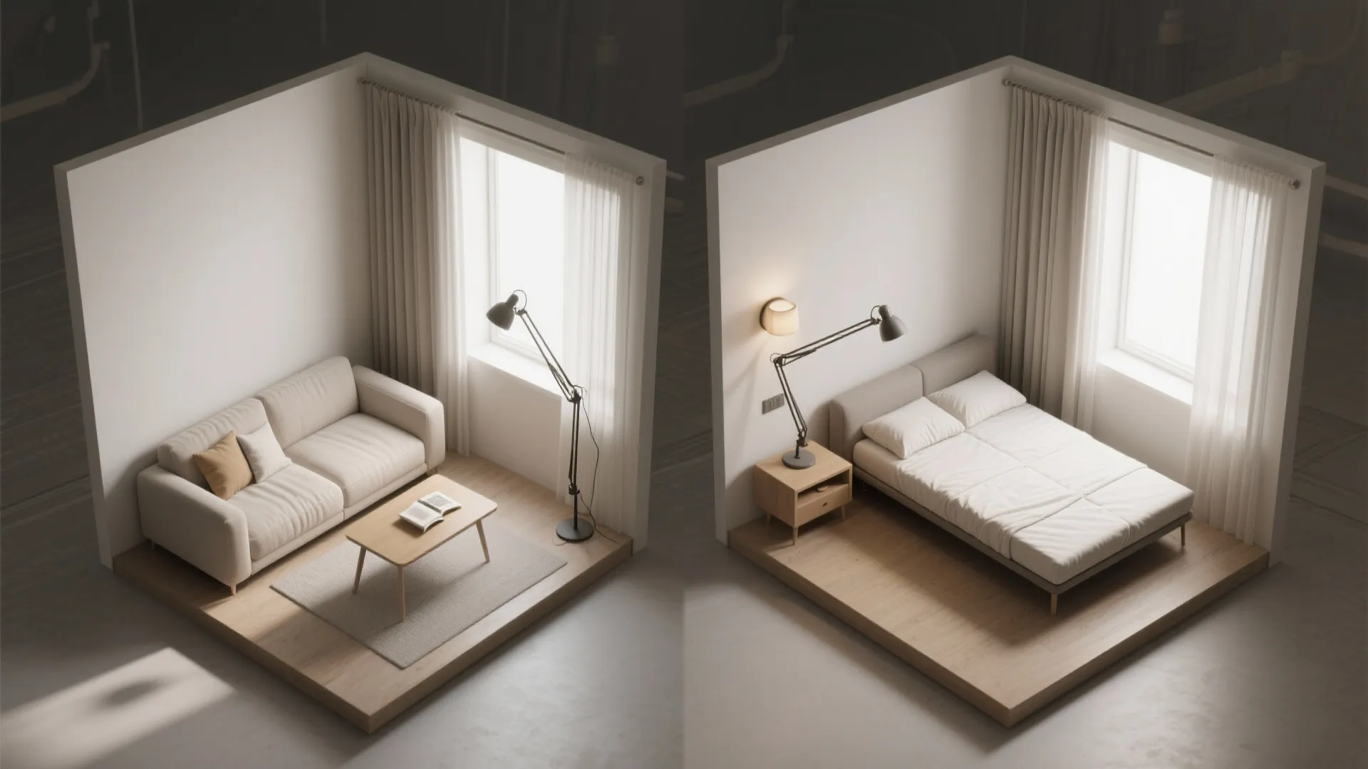 Side by side comparison of a living room layout and a small bedroom interior design