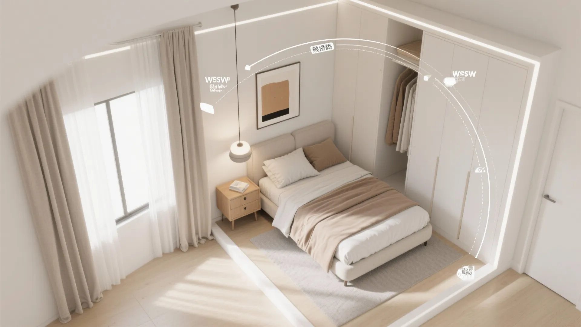 Top-down view showing swing-arm lamp reach zones and clearances around a small bed layout.