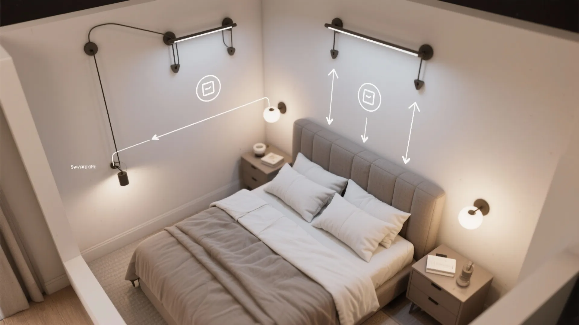 Swing-arm wall sconces for flexible task zones