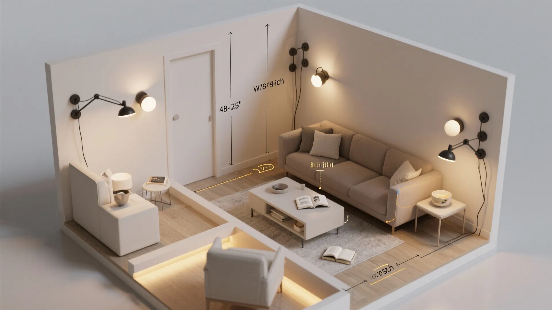 Adjustable swing-arm sconces for flexible living zones