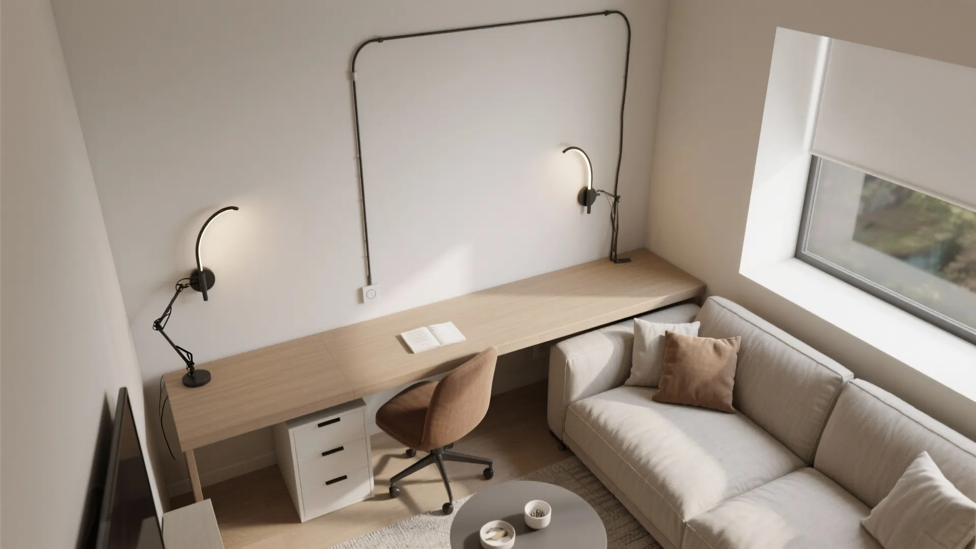 4) Task-Ready Swing Arms for Small Living Rooms