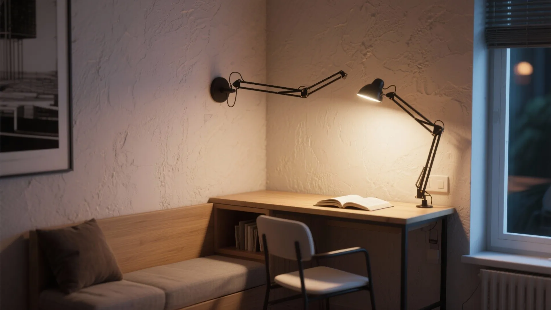 Cozy home office corner with wooden desk black adjustable wall light chair and open book