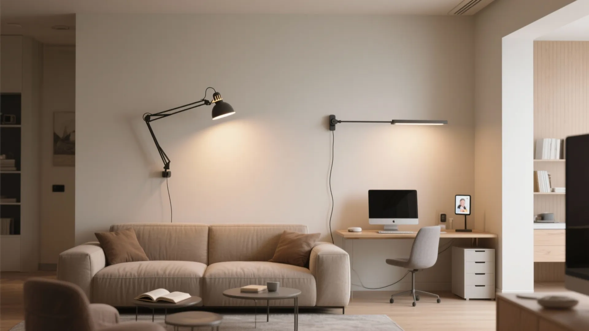 Neutral living room with sofa and desk featuring black wall light fixtures for task lighting