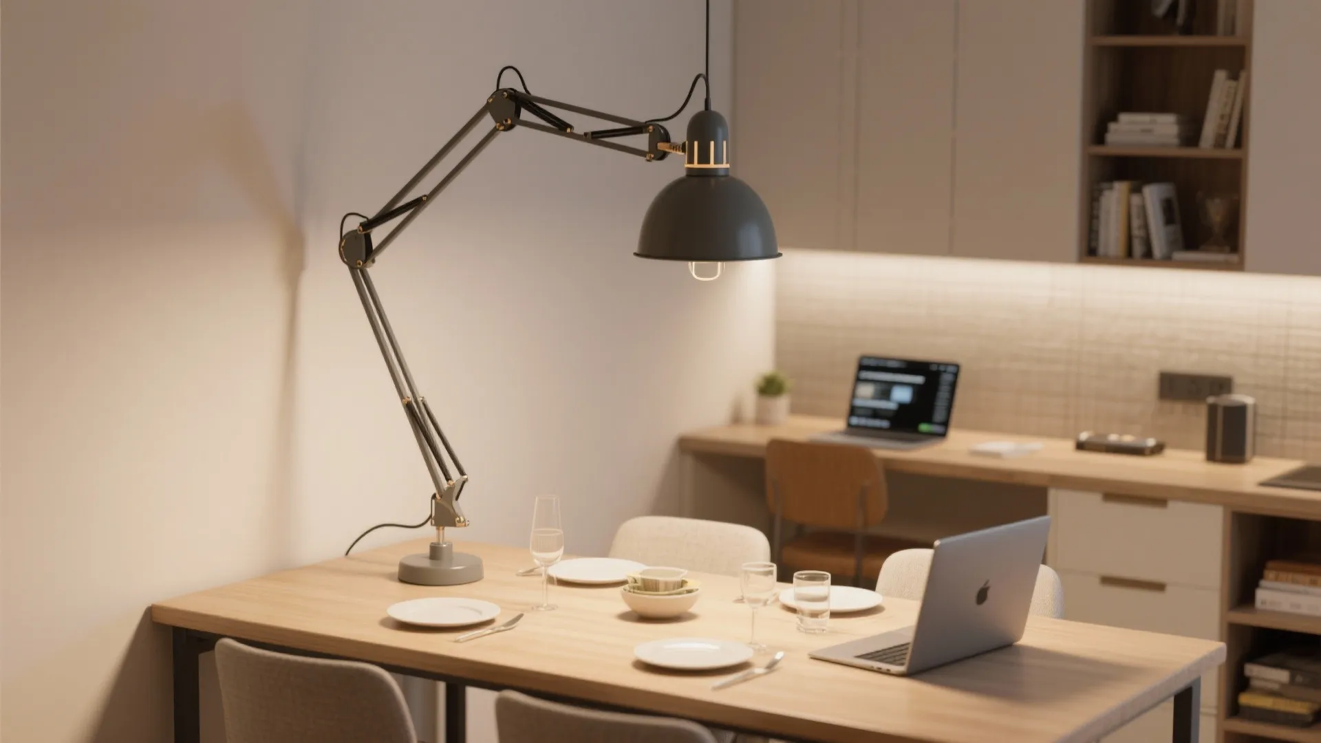 Modern dining table with laptop and plates under a large black adjustable swing arm light