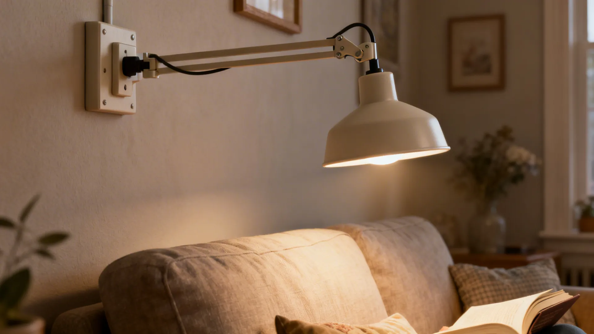 White wall light with swing arm illuminating a grey sofa in a quiet cozy living room