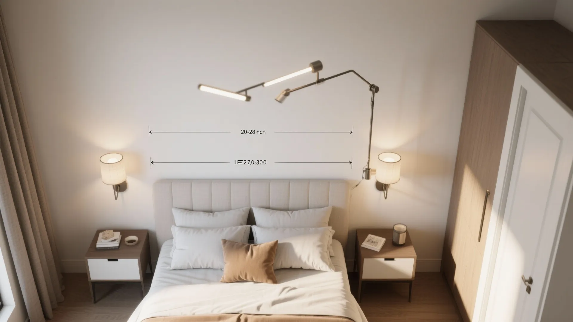 Top-down bedroom layout showing swing-arm sconces positioned for reading with warm-white light.