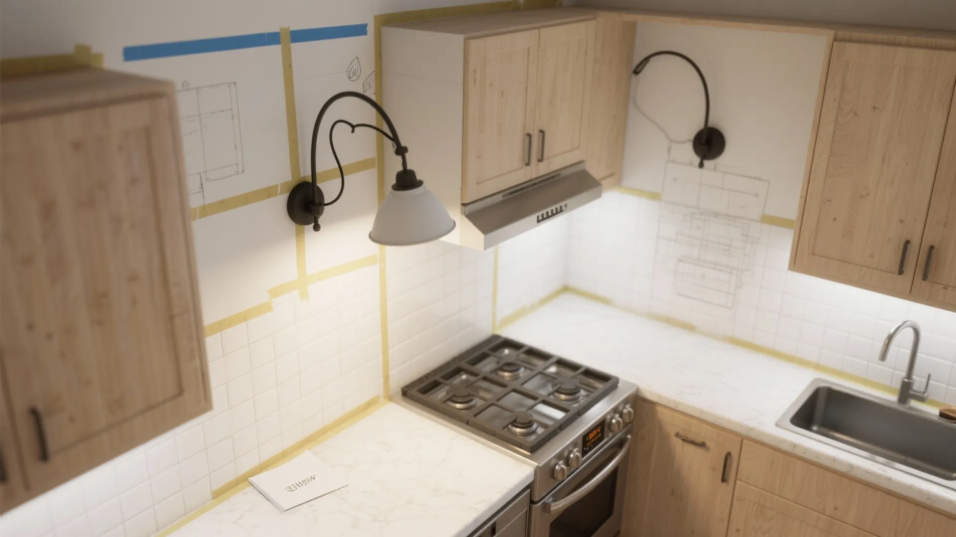 Modern kitchen corner with wooden cabinets white tiles wall lights gas stove and marble countertop