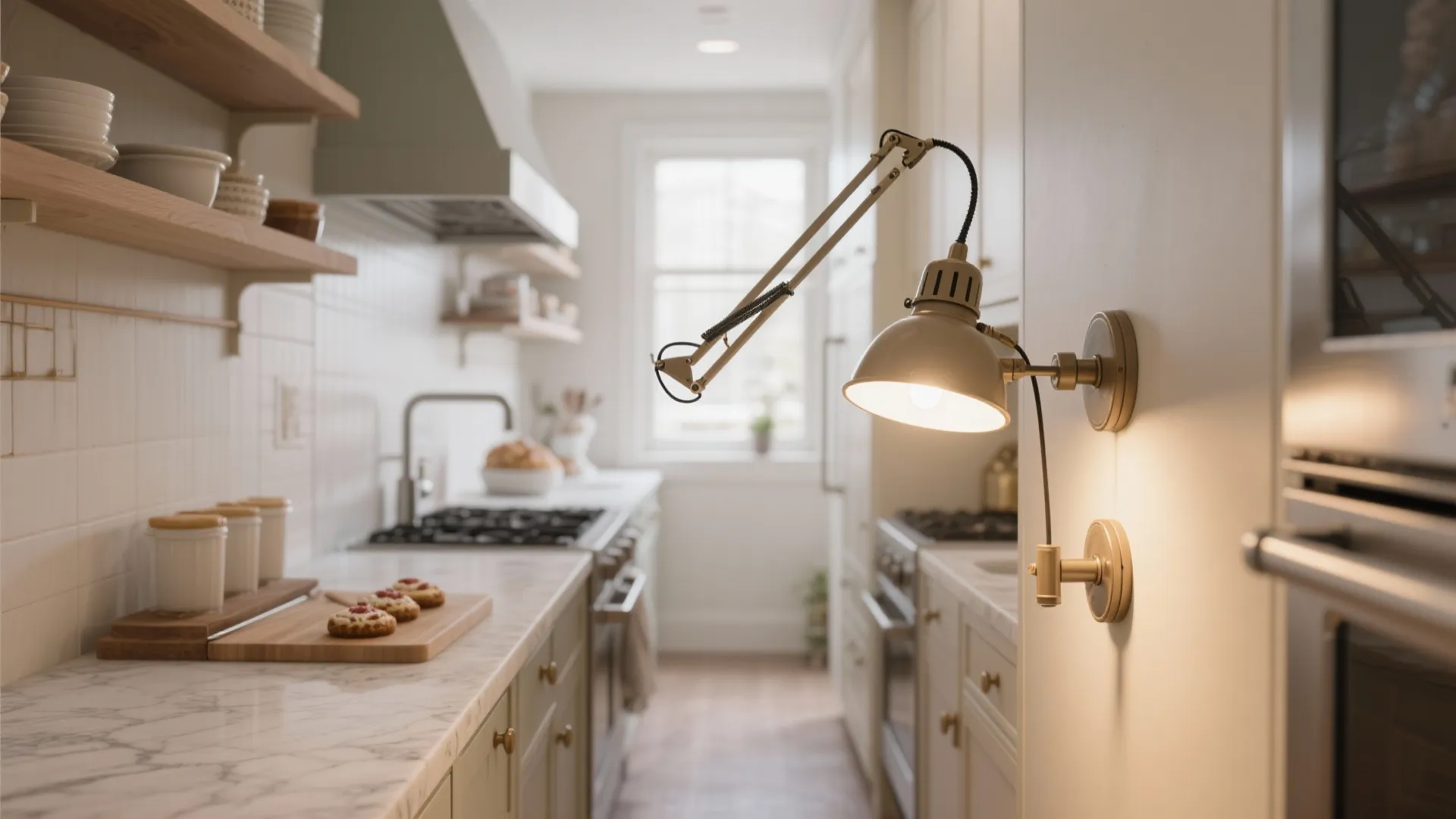 Adjustable swing-arm sconces over the prep area