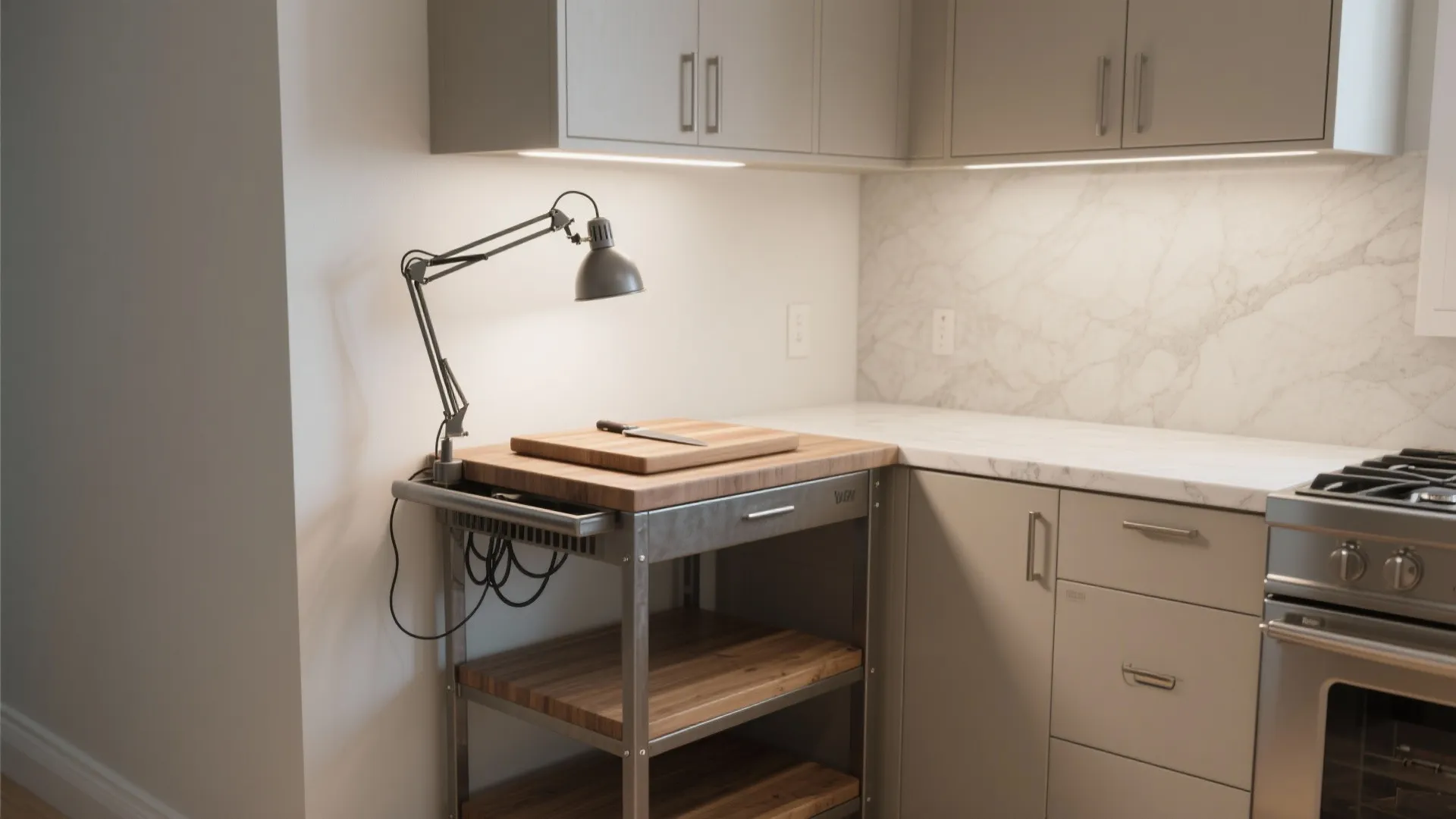 Grey kitchen interior design with metal rolling cart holding wooden cutting board and adjustable desk lamp