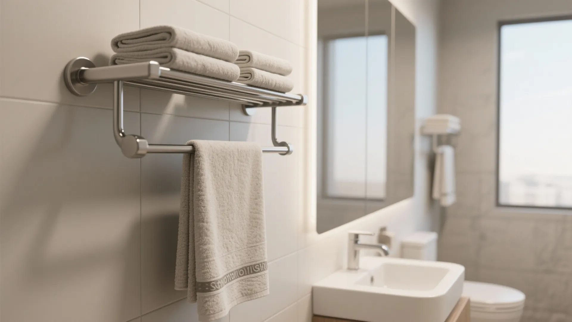 Modern bathroom with white tiles and a metal towel rack holding folded and hanging towels