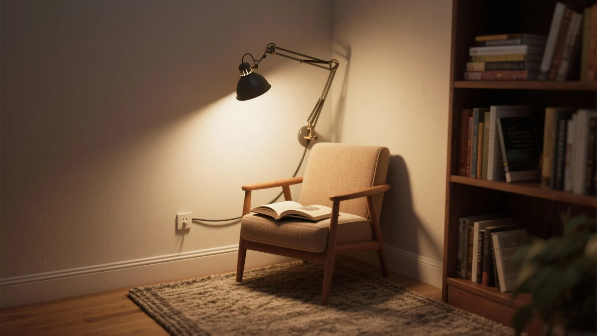 Comfortable reading corner featuring a beige chair, wall light, open book, rug, and wooden bookshelf