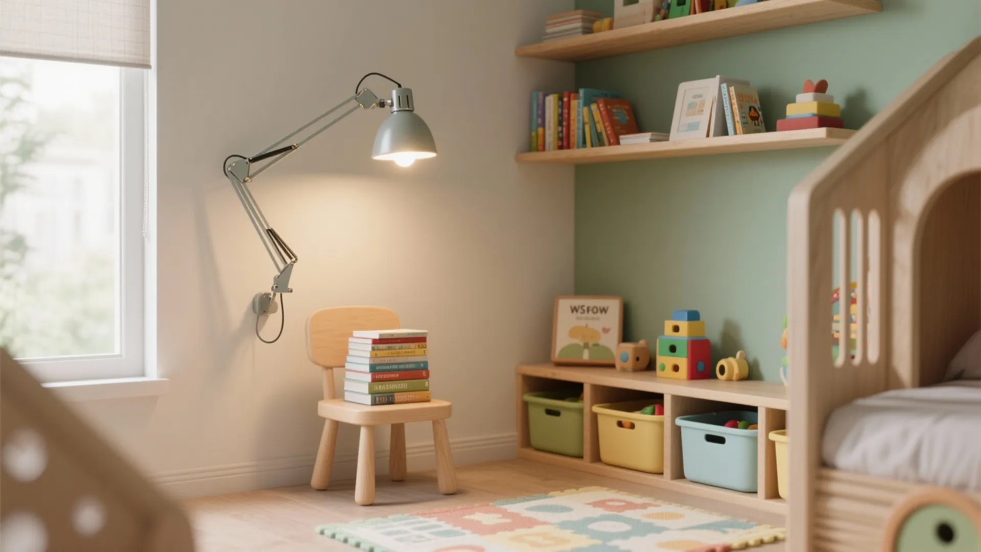 Kids reading corner with an adjustable swing-arm wall light illuminating a chair and books.