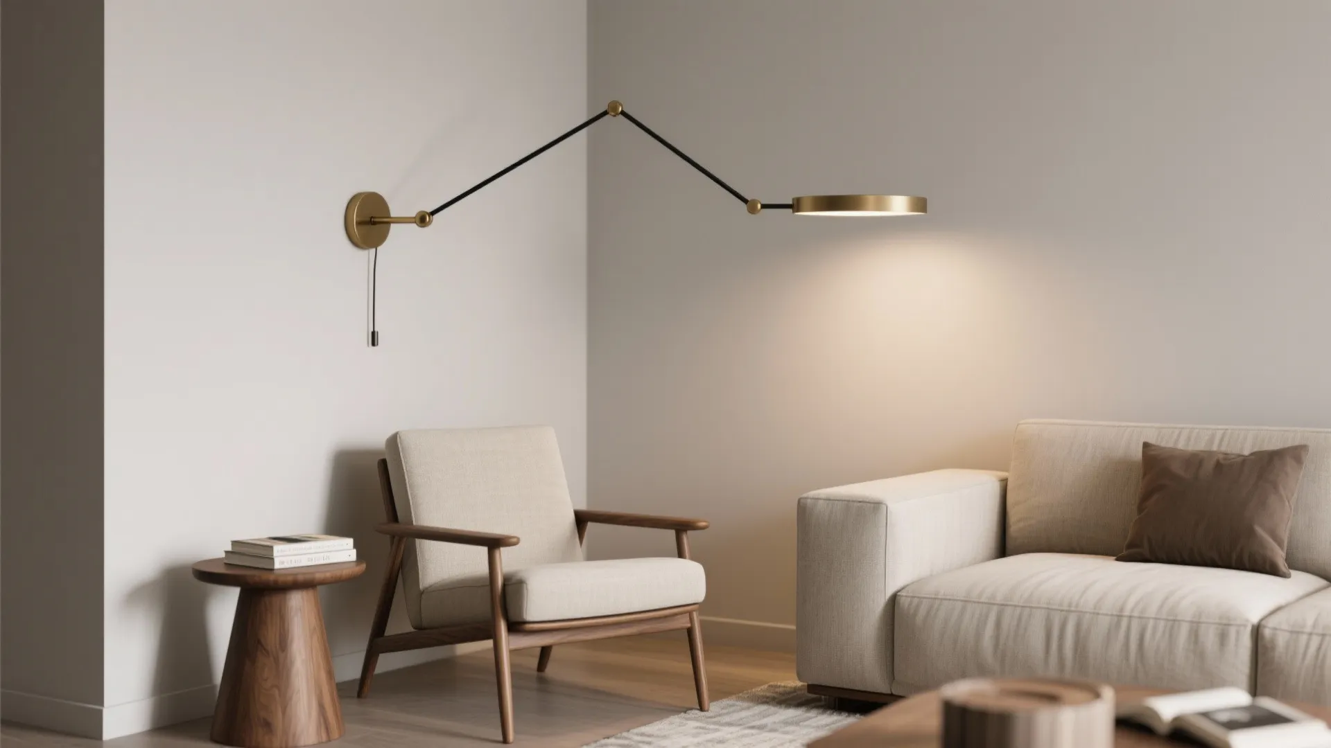 Reading nook with a long swing-arm wall sconce offering flexible task lighting.