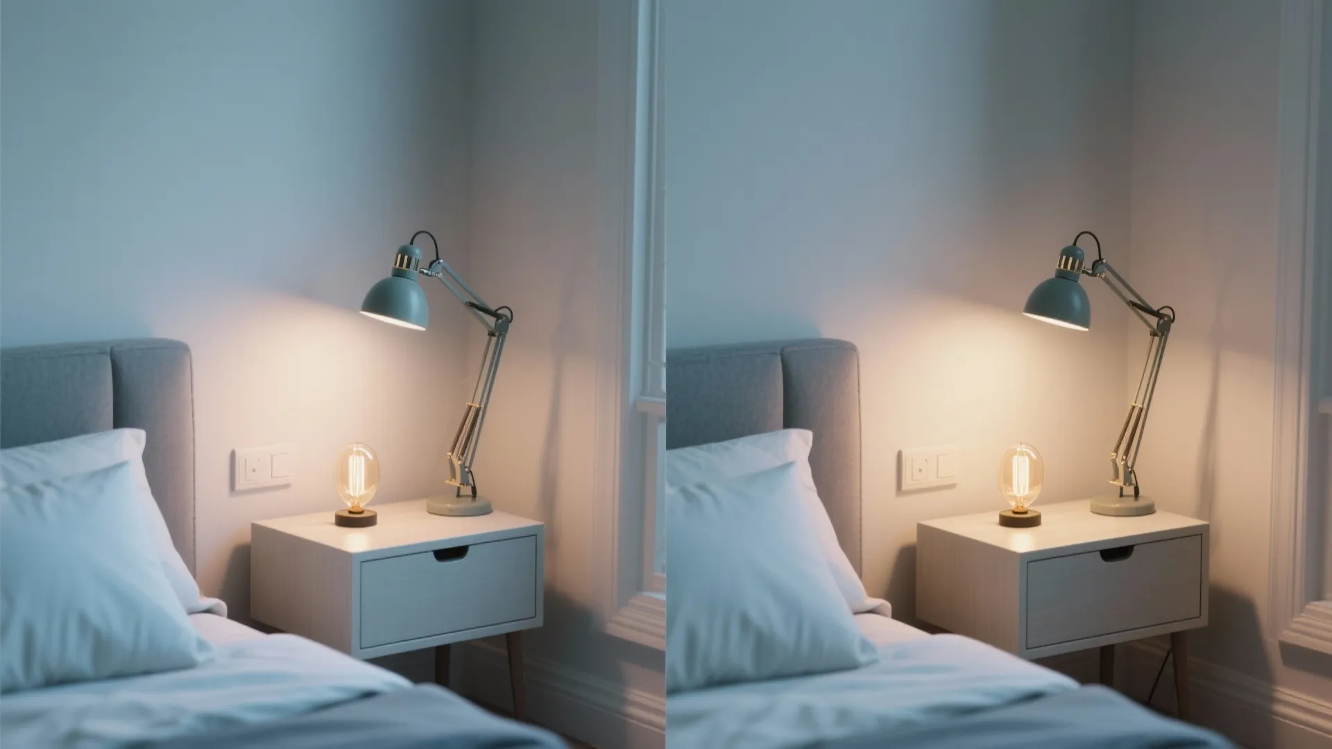Studio bed corner showing an adjustable swing-arm reading light in extended and tucked positions.