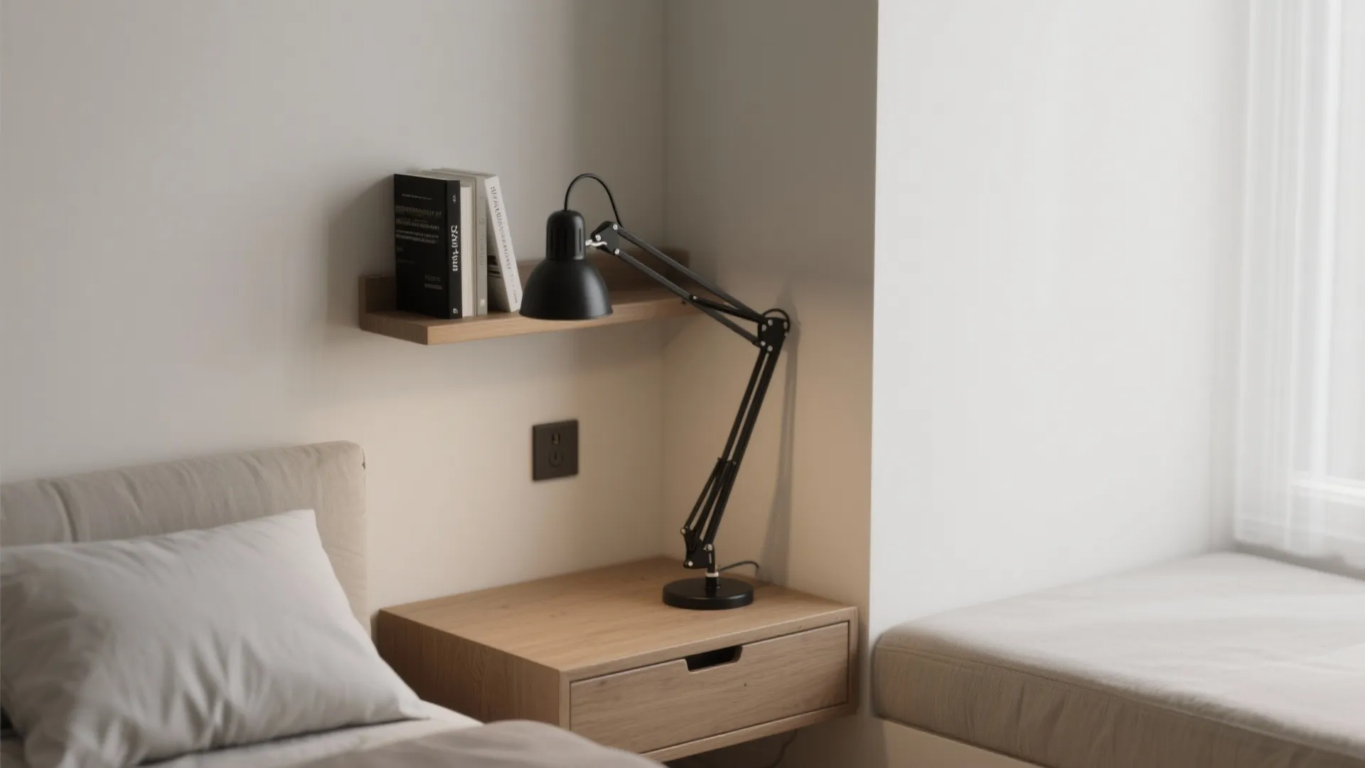 Black adjustable desk lamp on a wooden side table next to a bed with white pillows