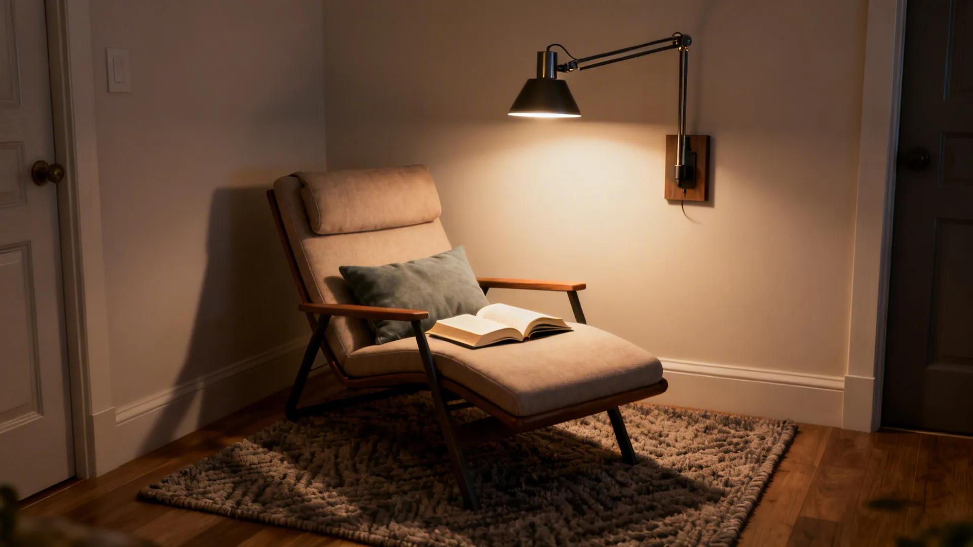 Compact reading nook lit by an extended swing-arm sconce, saving floor space and directing light onto a book.