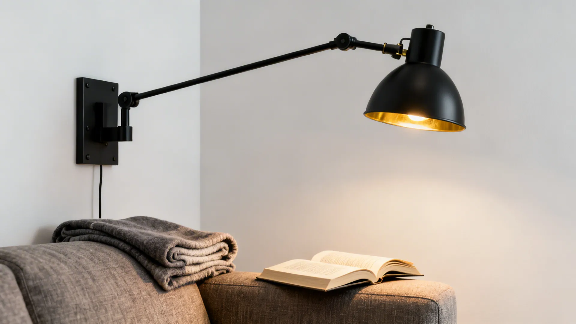 Cozy sofa reading nook with a matte black swing-arm wall lamp providing focused light.