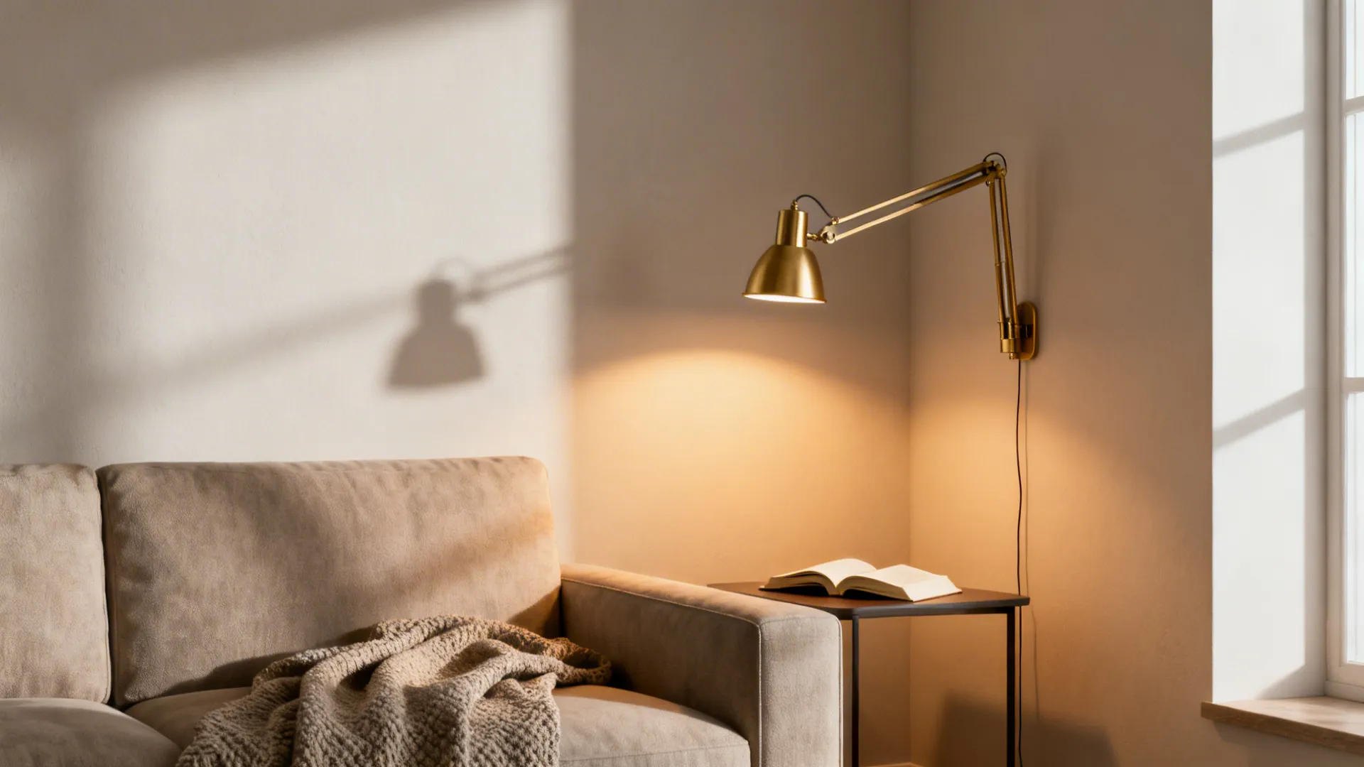 Sofa nook with a brass swing-arm reading lamp folded against the wall and a slim side table