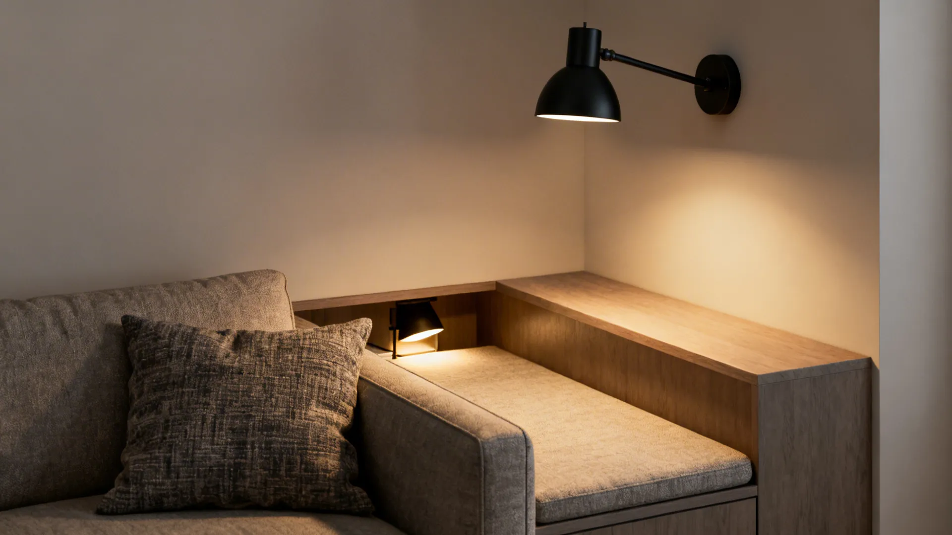 Reading nook with adjustable swing-arm LED sconce casting focused warm light over a bench and sofa