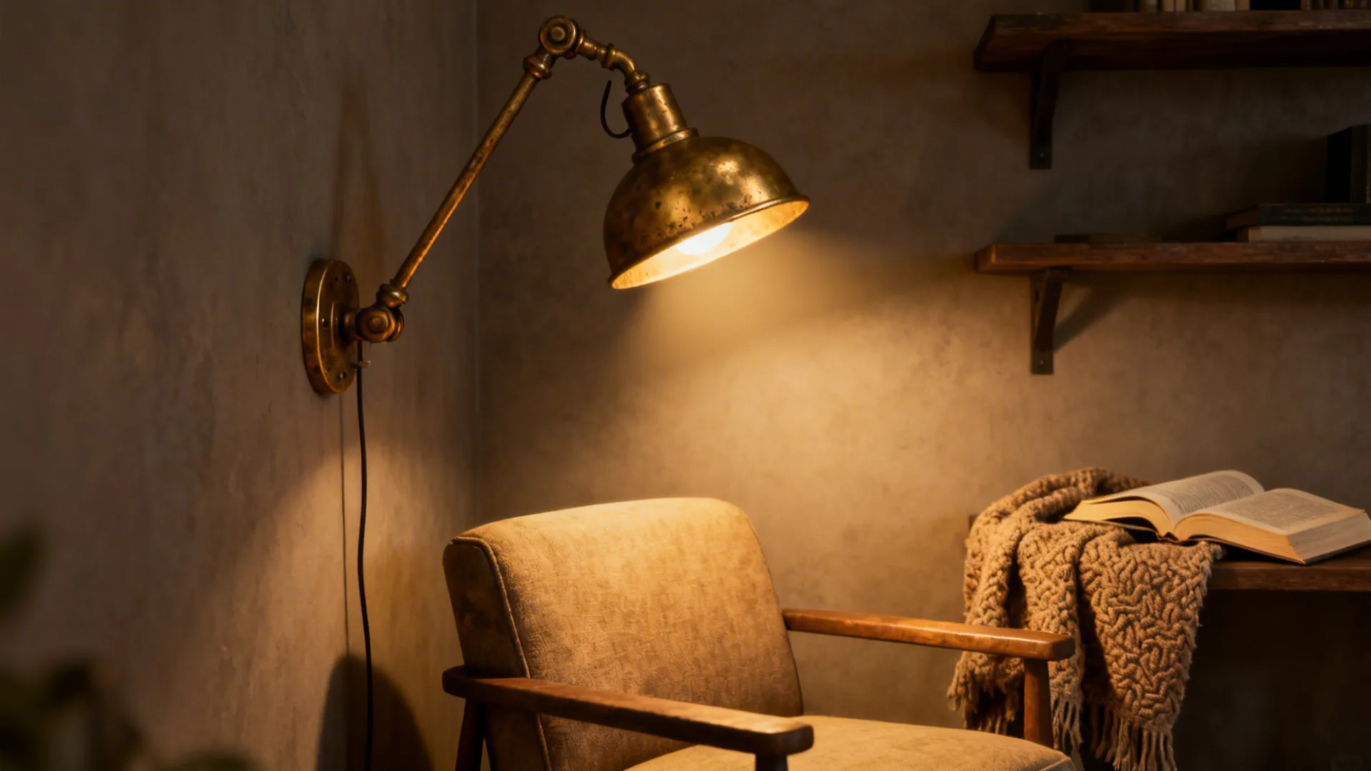 Reading nook lit by an adjustable swing-arm wall lamp directing warm light onto a chair and book.