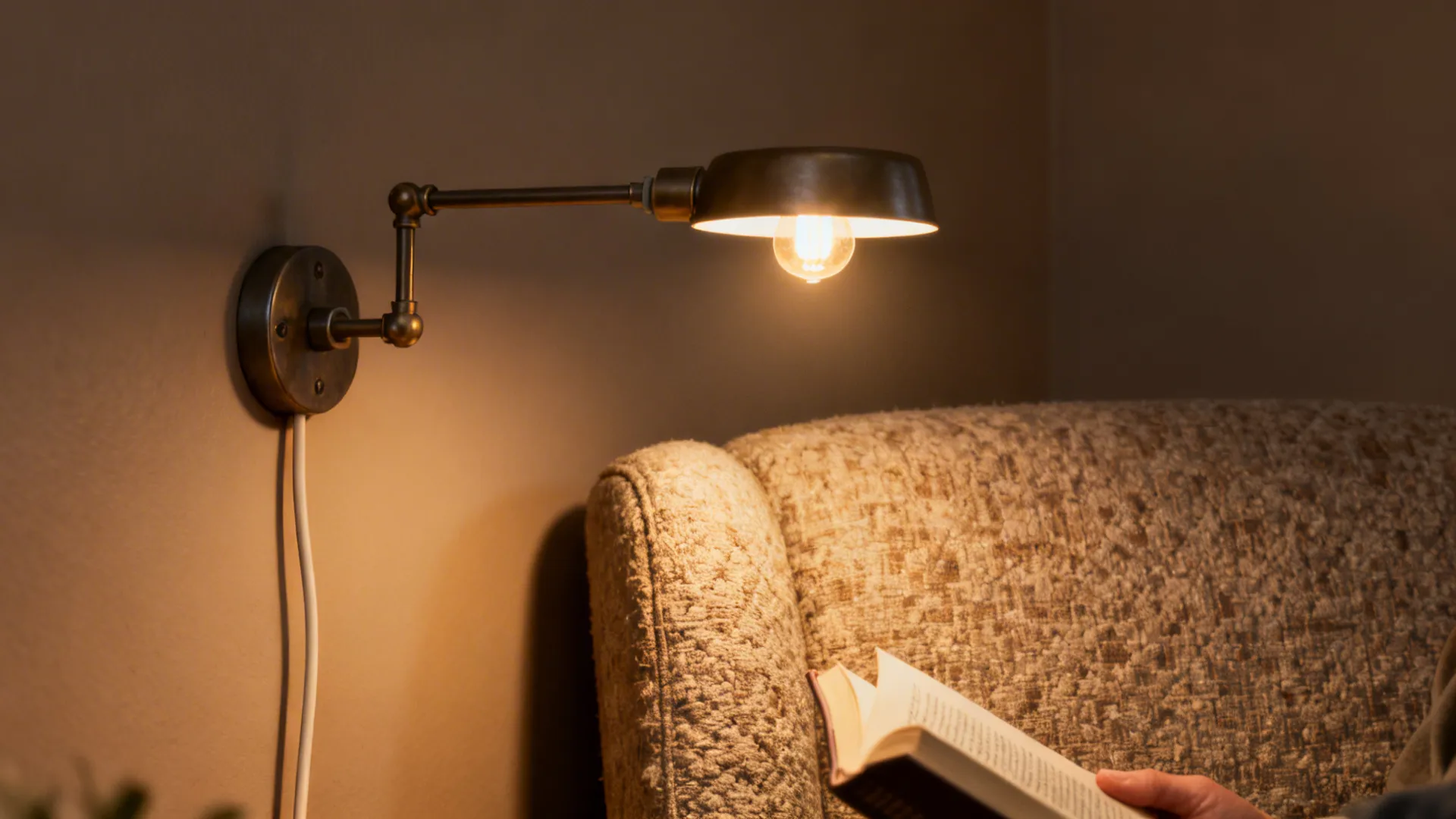 Wall light illuminating person holding an open book while sitting in a comfortable fabric armchair