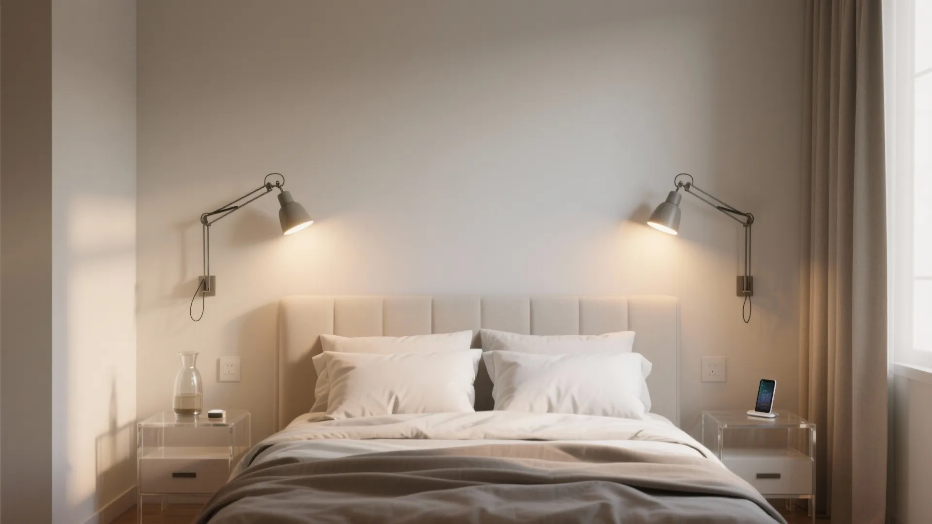Swing-arm reading lights to free the nightstand