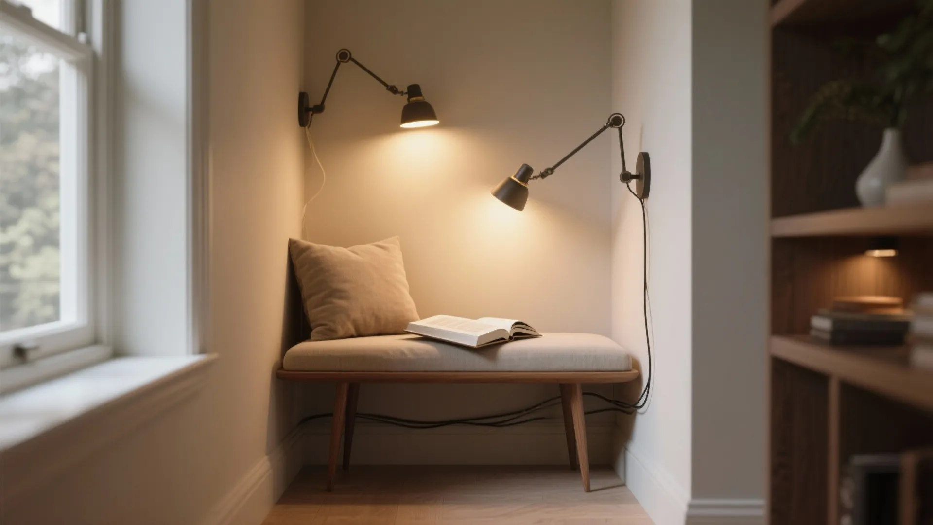 Cozy reading nook with a beige bench seat and two black wall lights above it