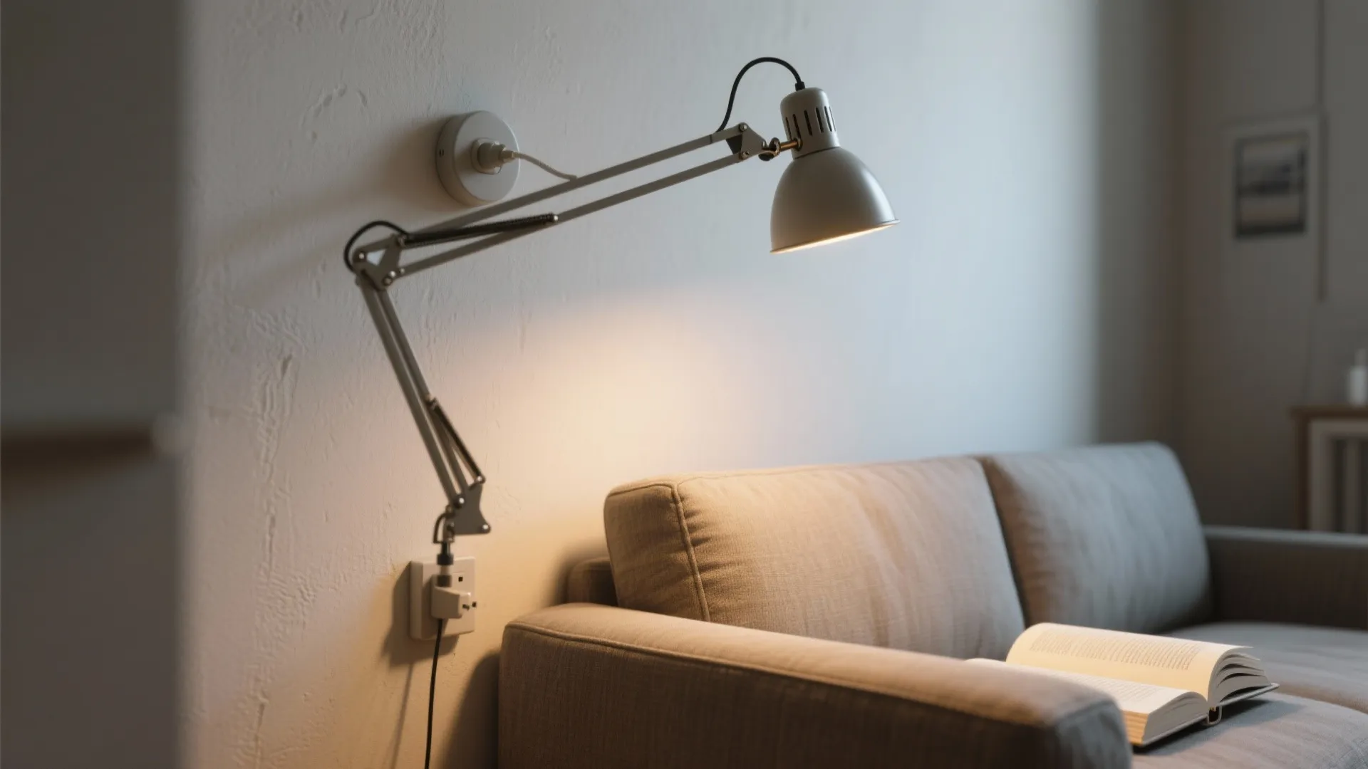 Reading nook with adjustable wall light shining over a sofa and an open book indoors