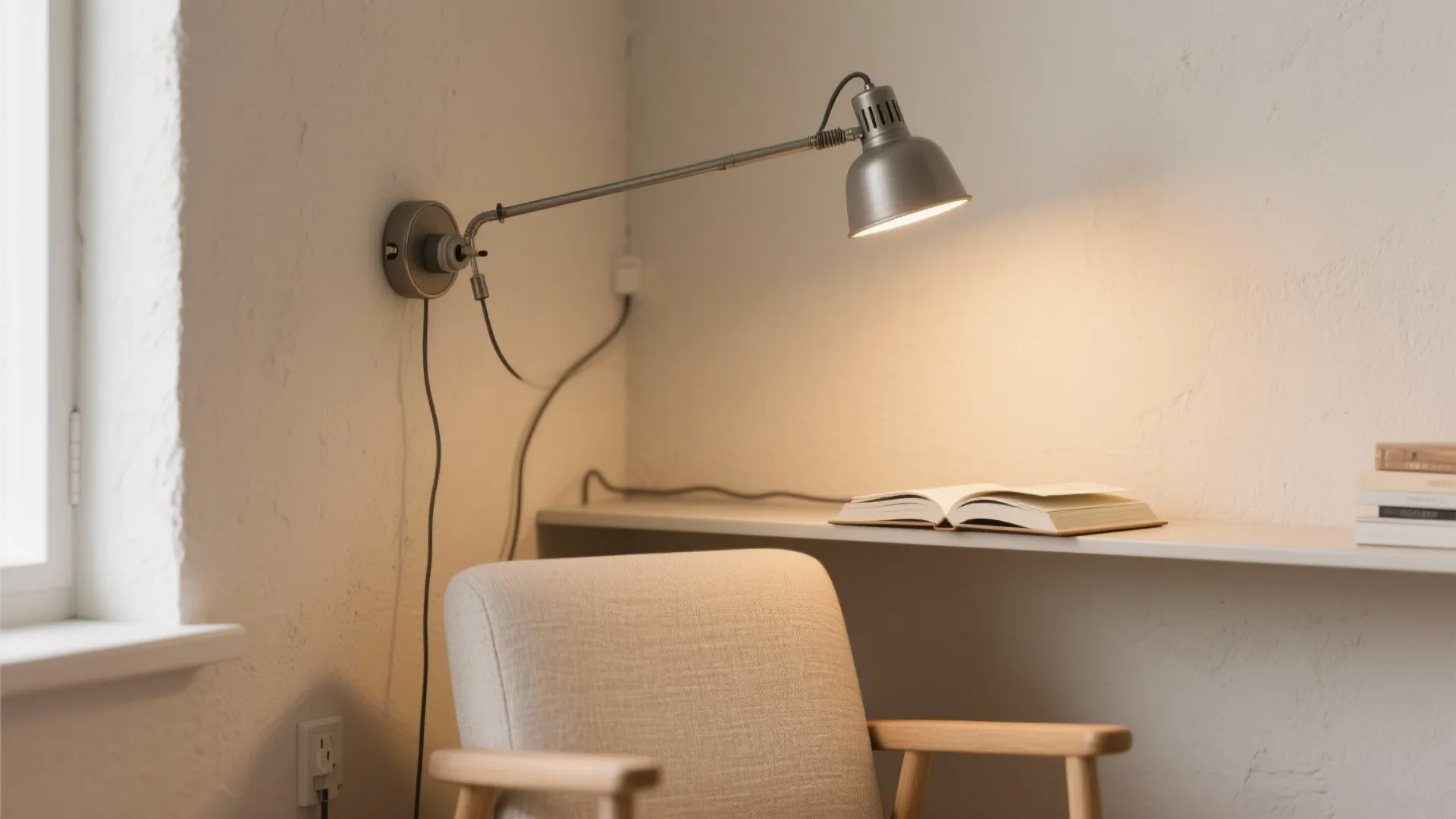 Swing-arm plug-in sconce over a small armchair with cord neatly hidden behind a shelf