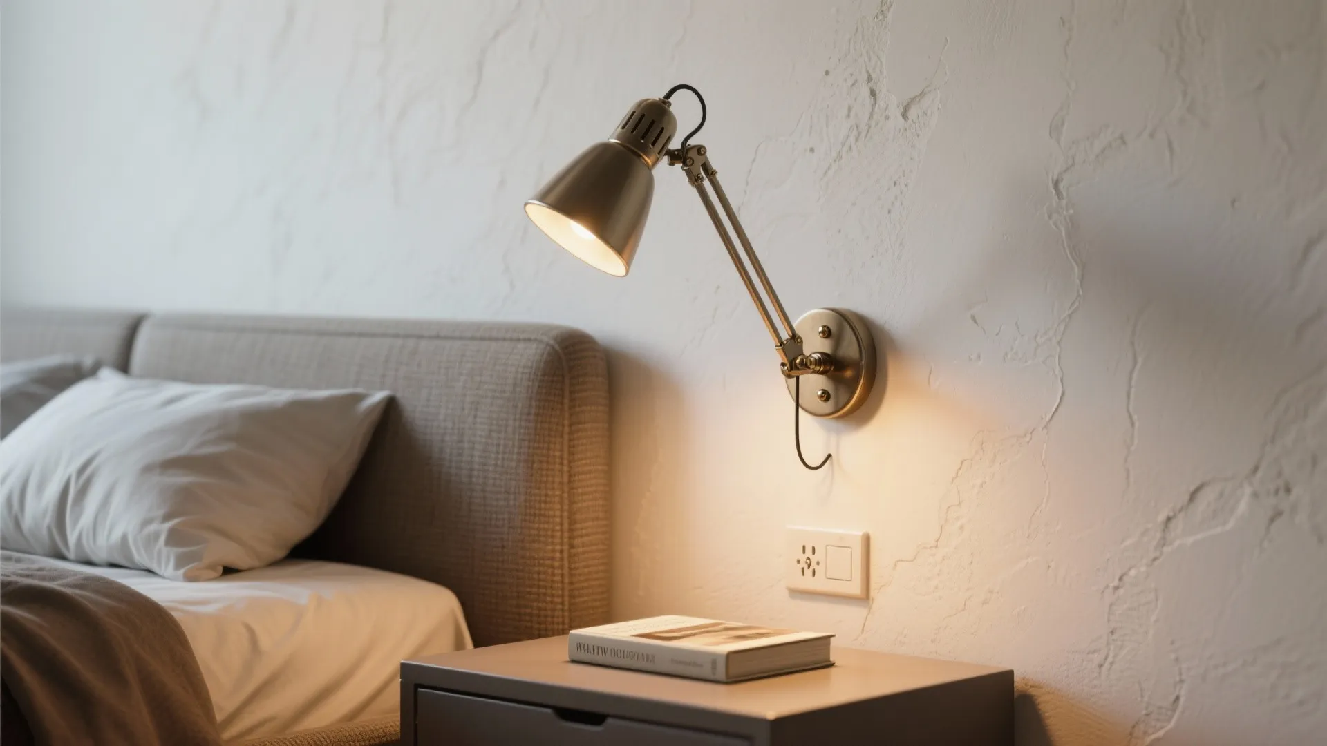 Modern bedroom featuring a brass wall light above a bedside table with a small book