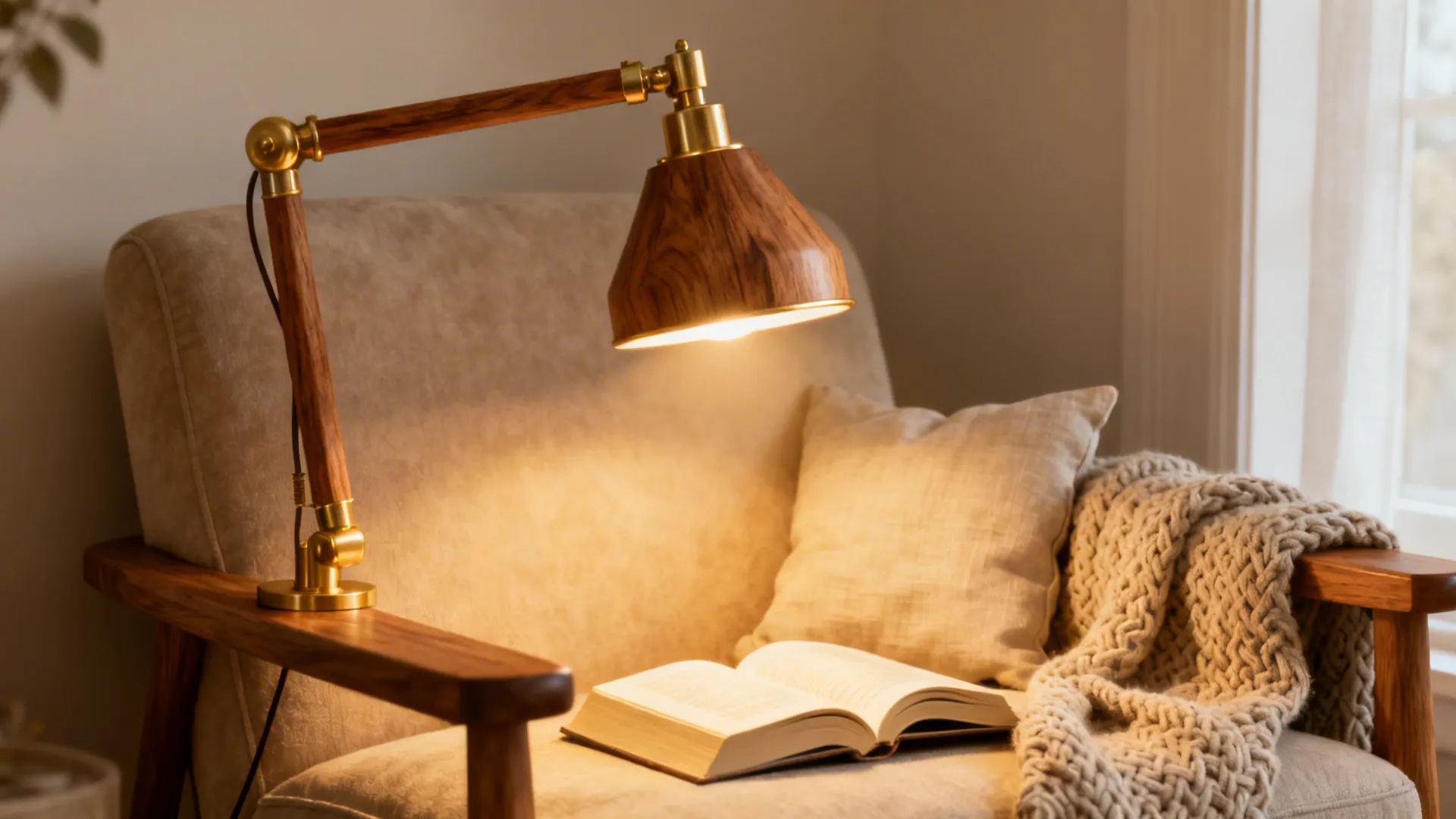 Adjustable wooden table light fixture shining on an open book placed on a comfortable armchair