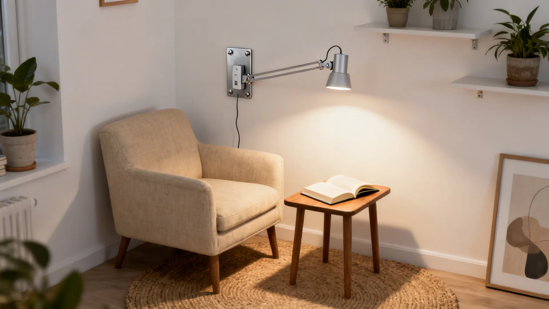 Reading nook with a rechargeable swing-arm wall lamp extended over an armchair and book.