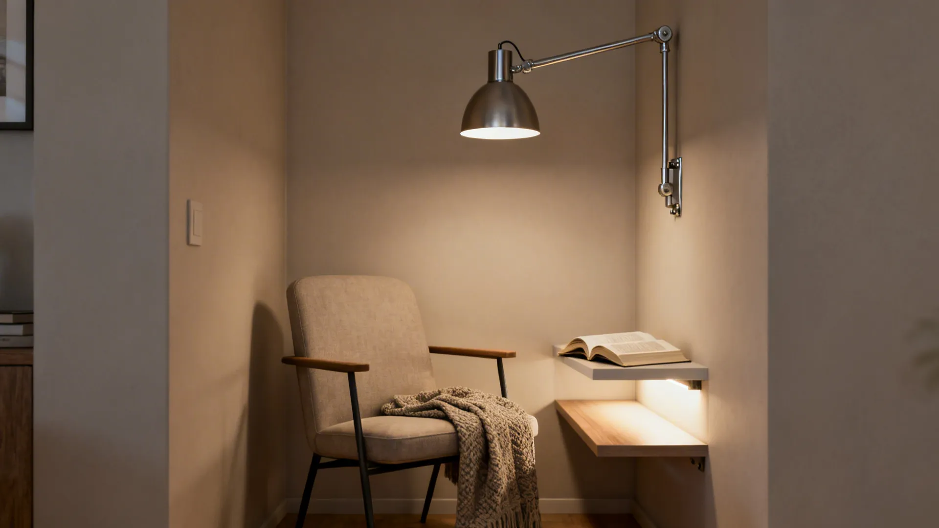 Adjustable swing-arm wall light providing task lighting for a cozy reading nook in a small living room.