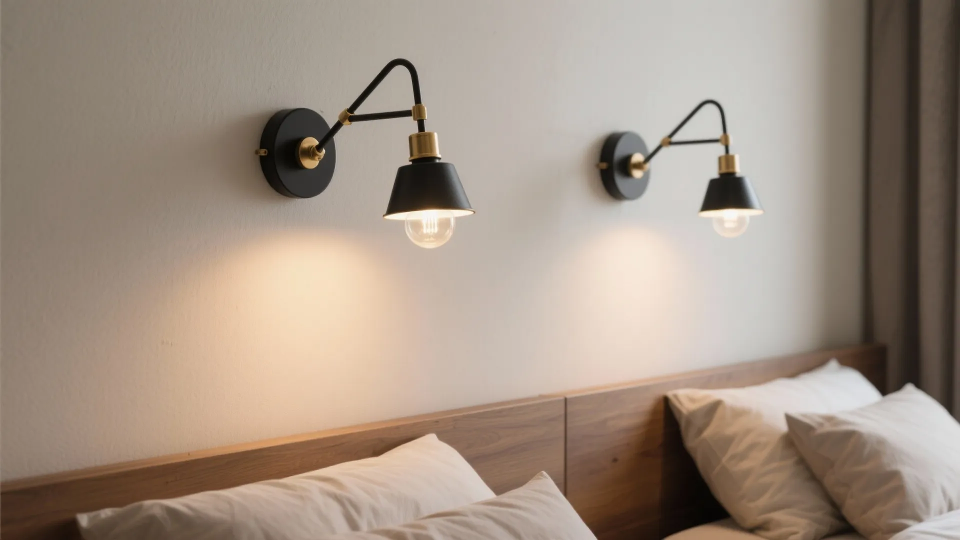 Adjustable swing-arm sconces placed symmetrically for focused reading light.