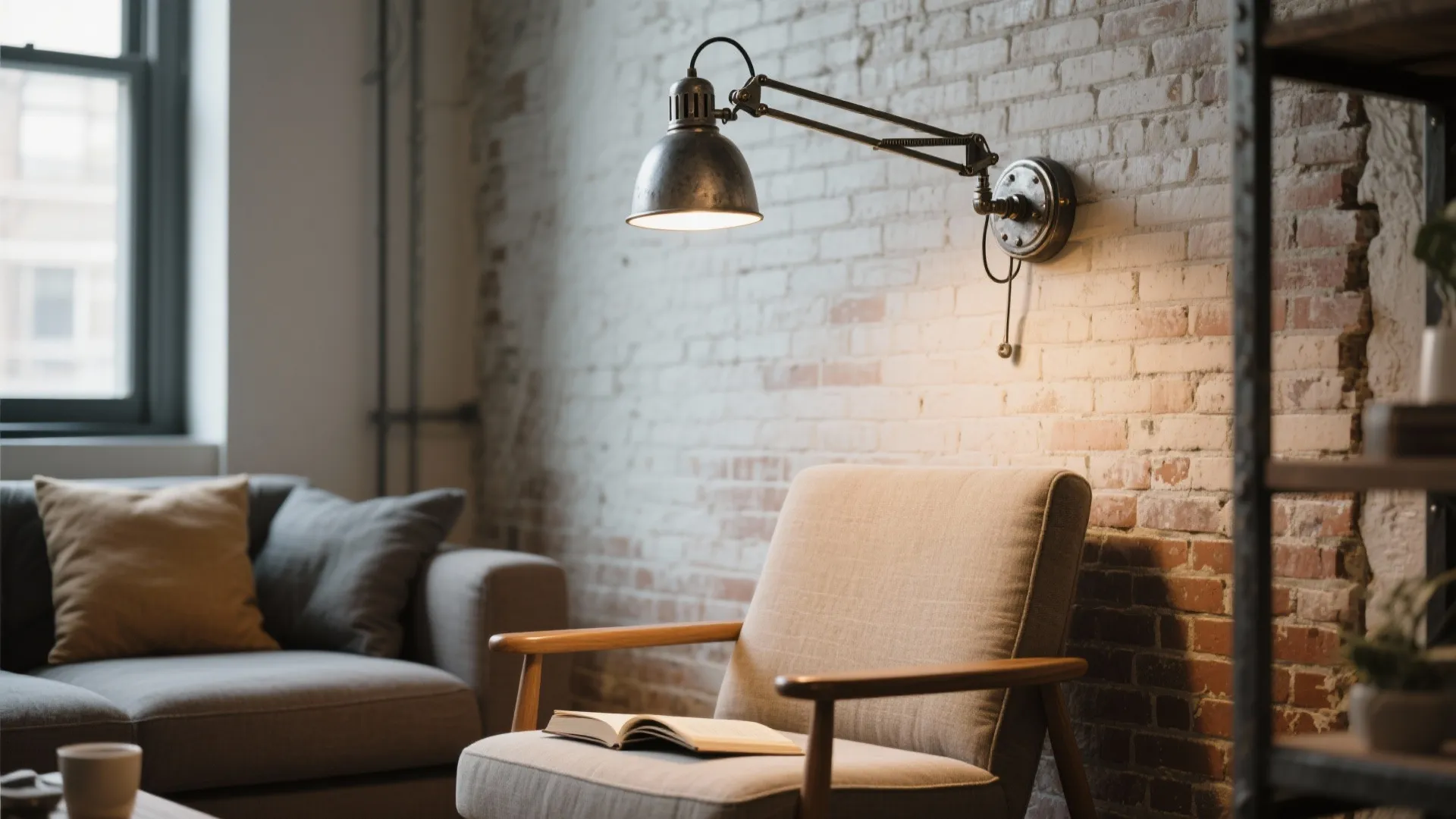 Industrial metal wall light fixed on white brick wall above beige armchair with open book