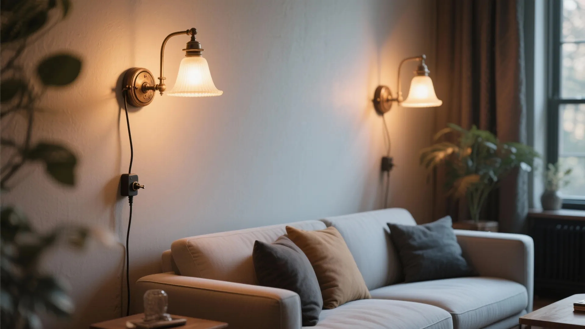 Swing-arm plug-in sconces mounted over a sofa