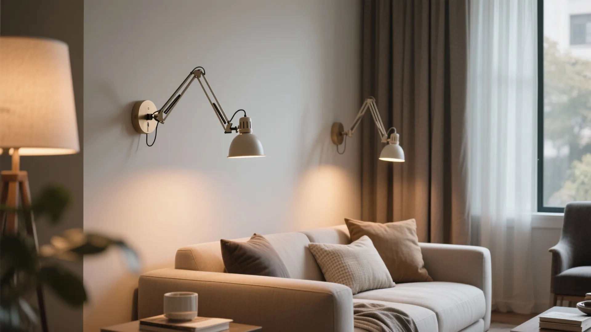 Modern living room with beige sofa and two adjustable metal wall lights on white wall
