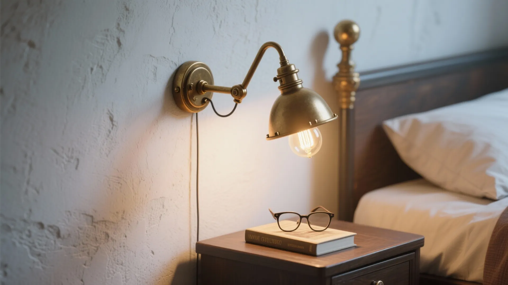 Brass swing-arm sconce beside a narrow bed casting warm reading light