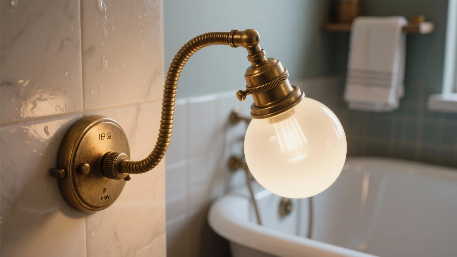 Brass adjustable wall light with round bulb in a bathroom next to a white bathtub