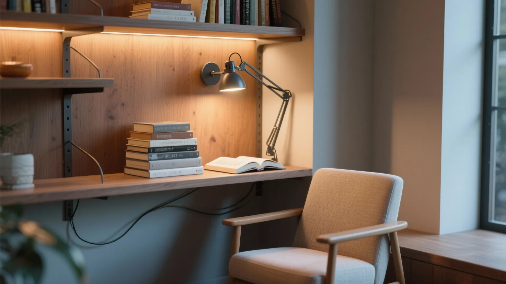 2. Adjustable swing arm sconce mounted to a shelf