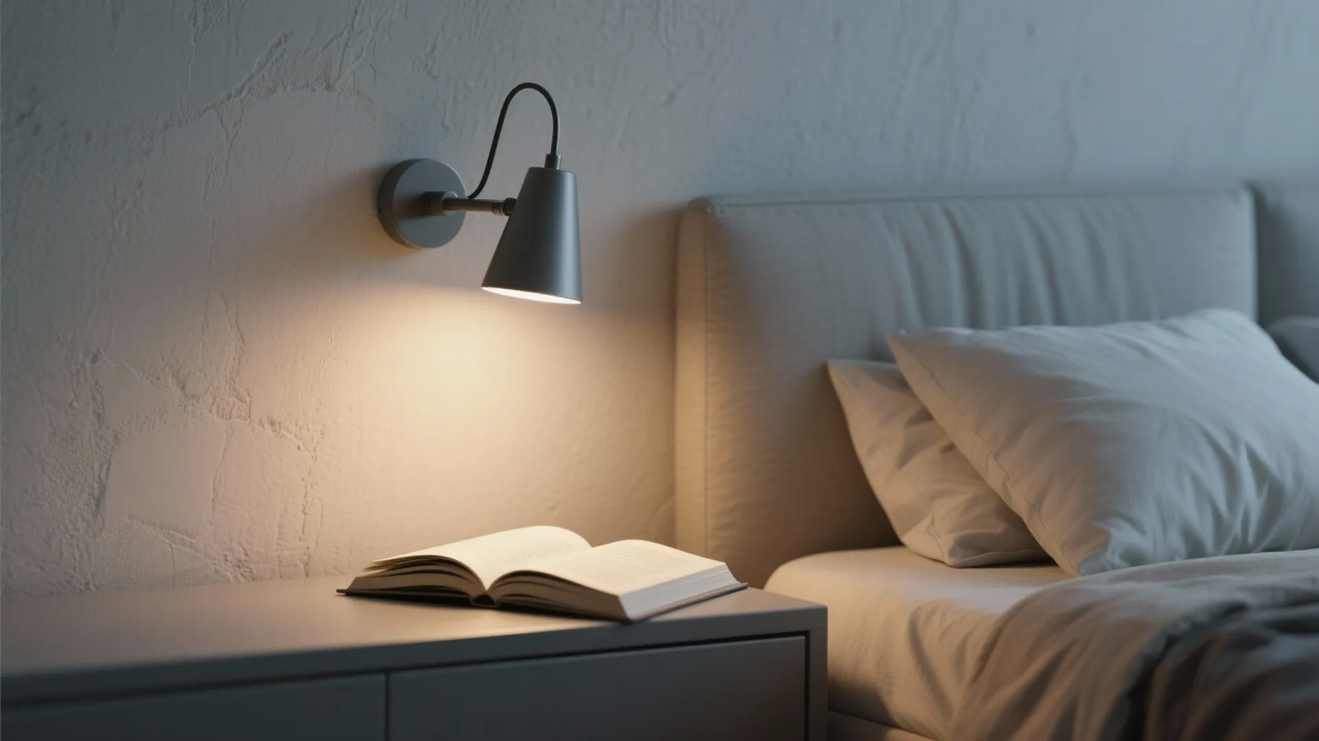 Modern bedroom with a wall light shining over an open book on a grey cabinet