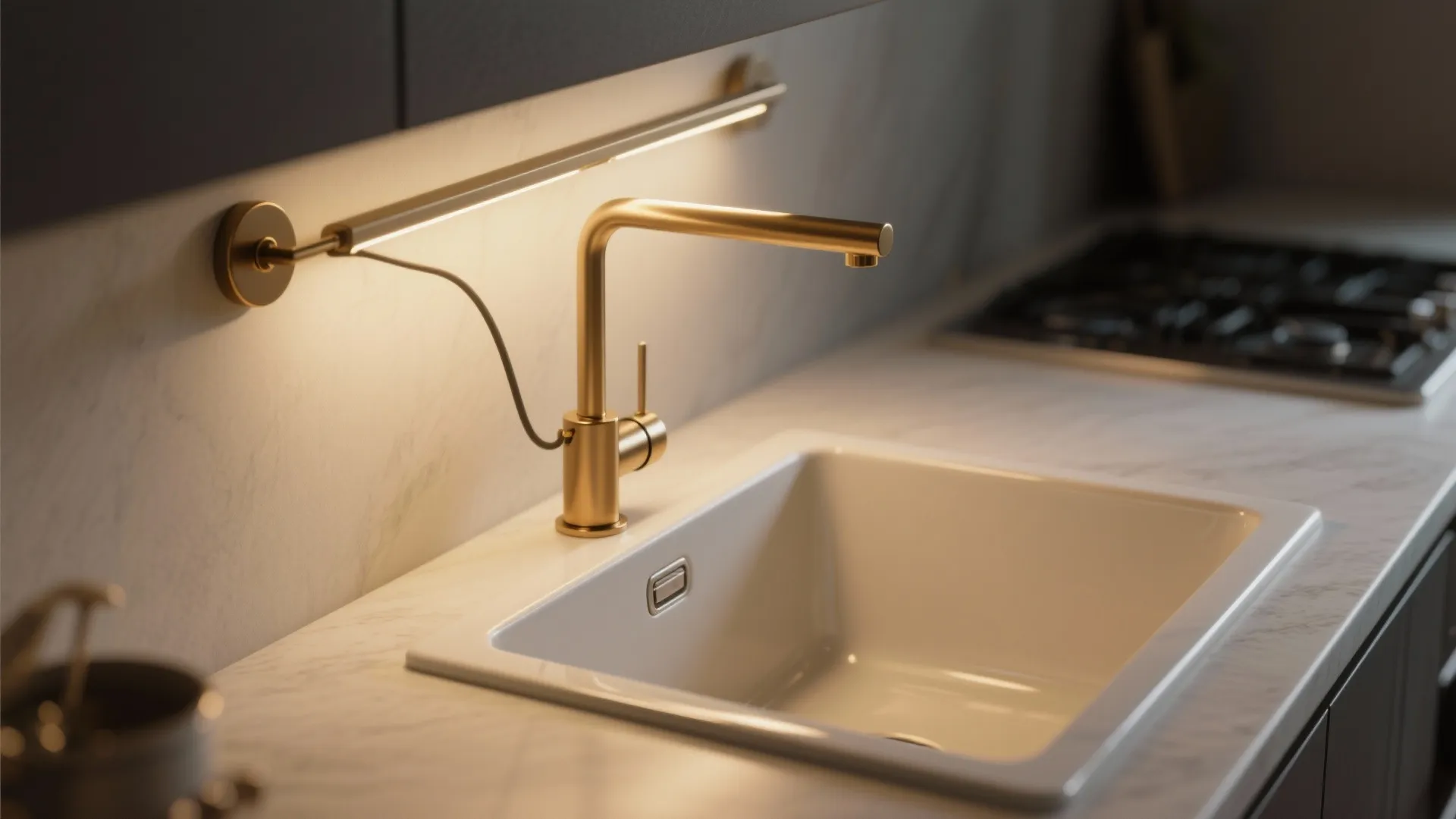 Modern gold kitchen tap over white sink on marble counter with slim gold wall light