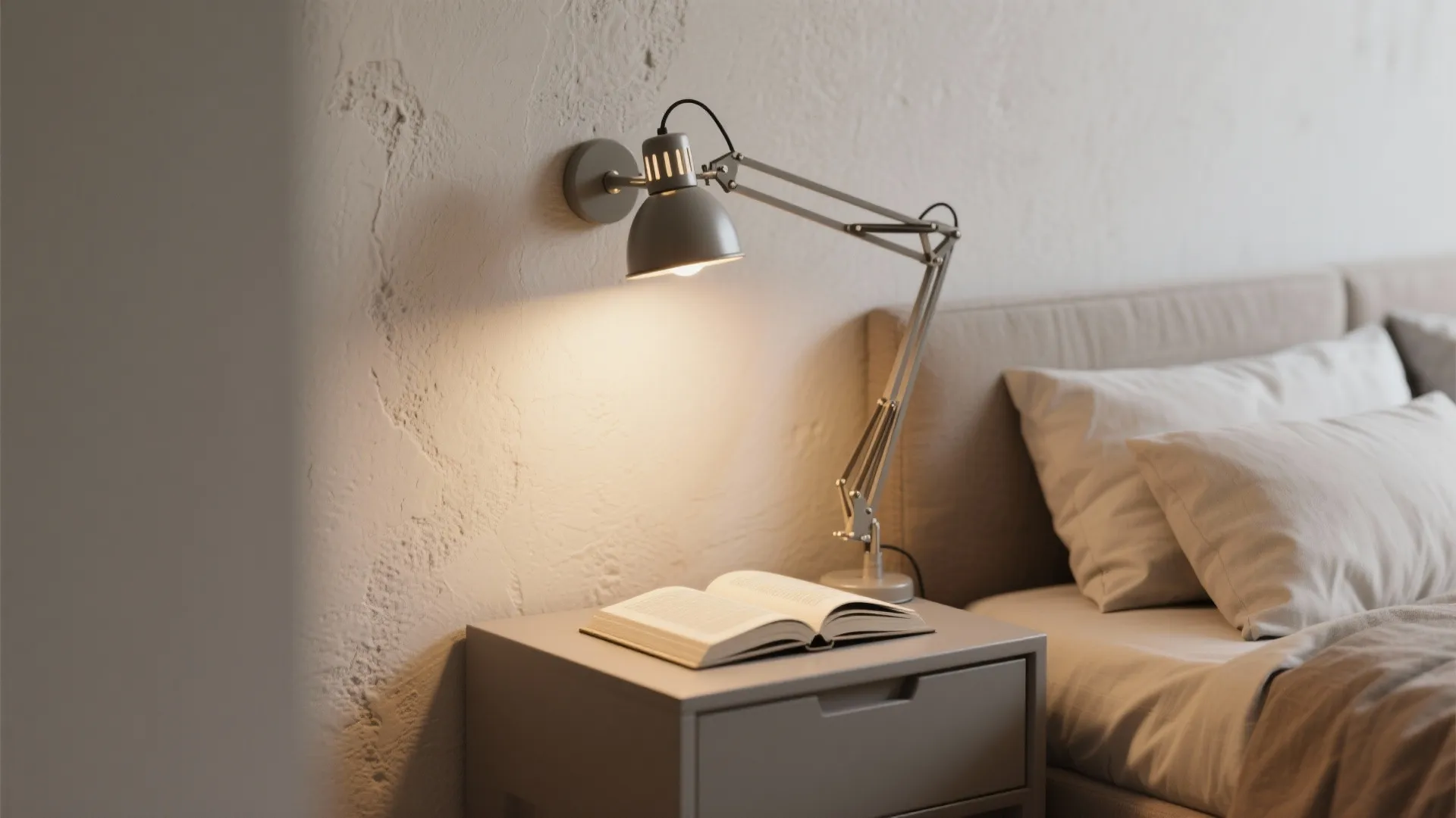 Small bedside nook with an adjustable swing-arm sconce casting focused warm light on a book