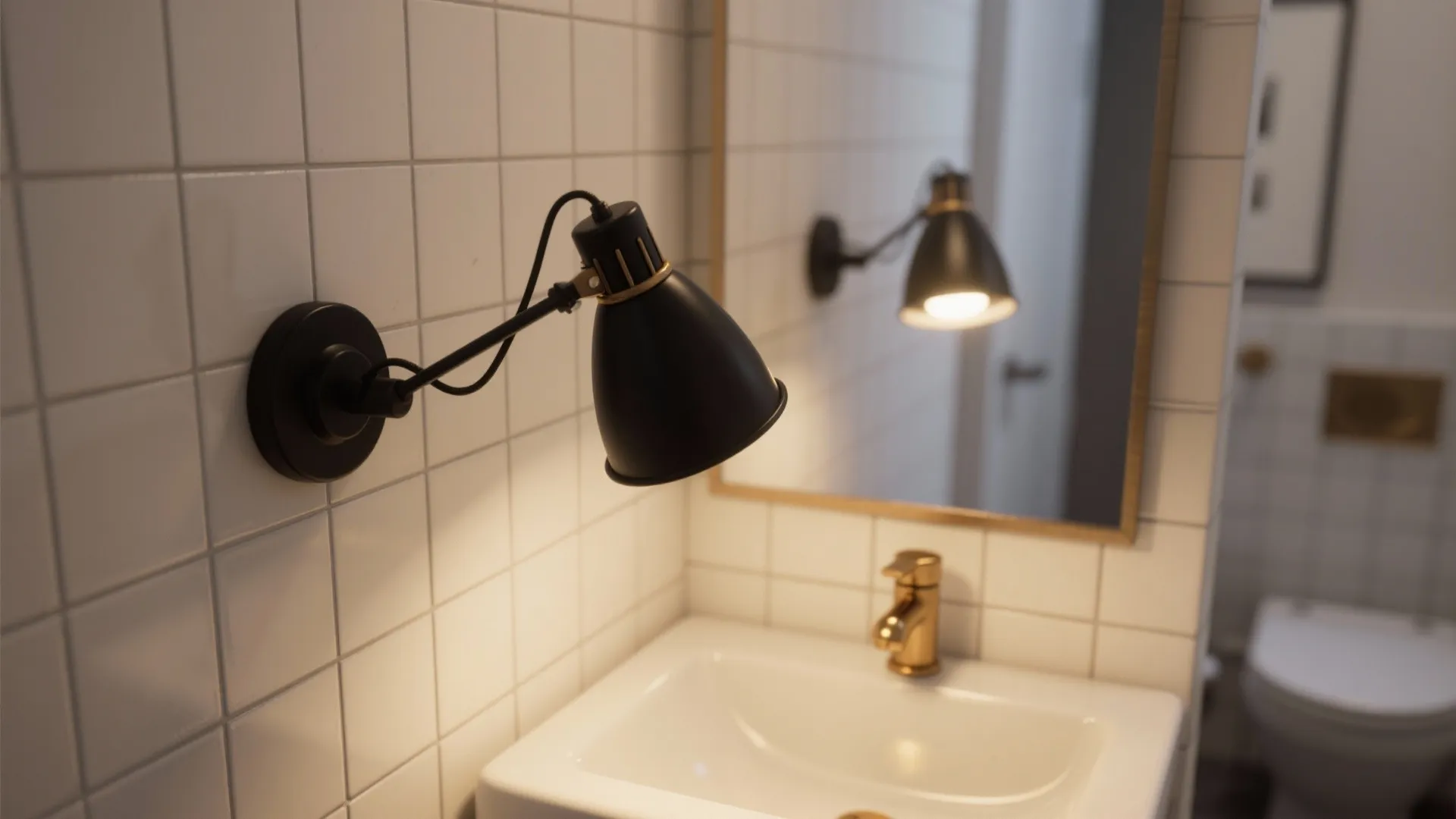 Matte-black swing-arm sconce pulled out over a compact vanity for task lighting.
