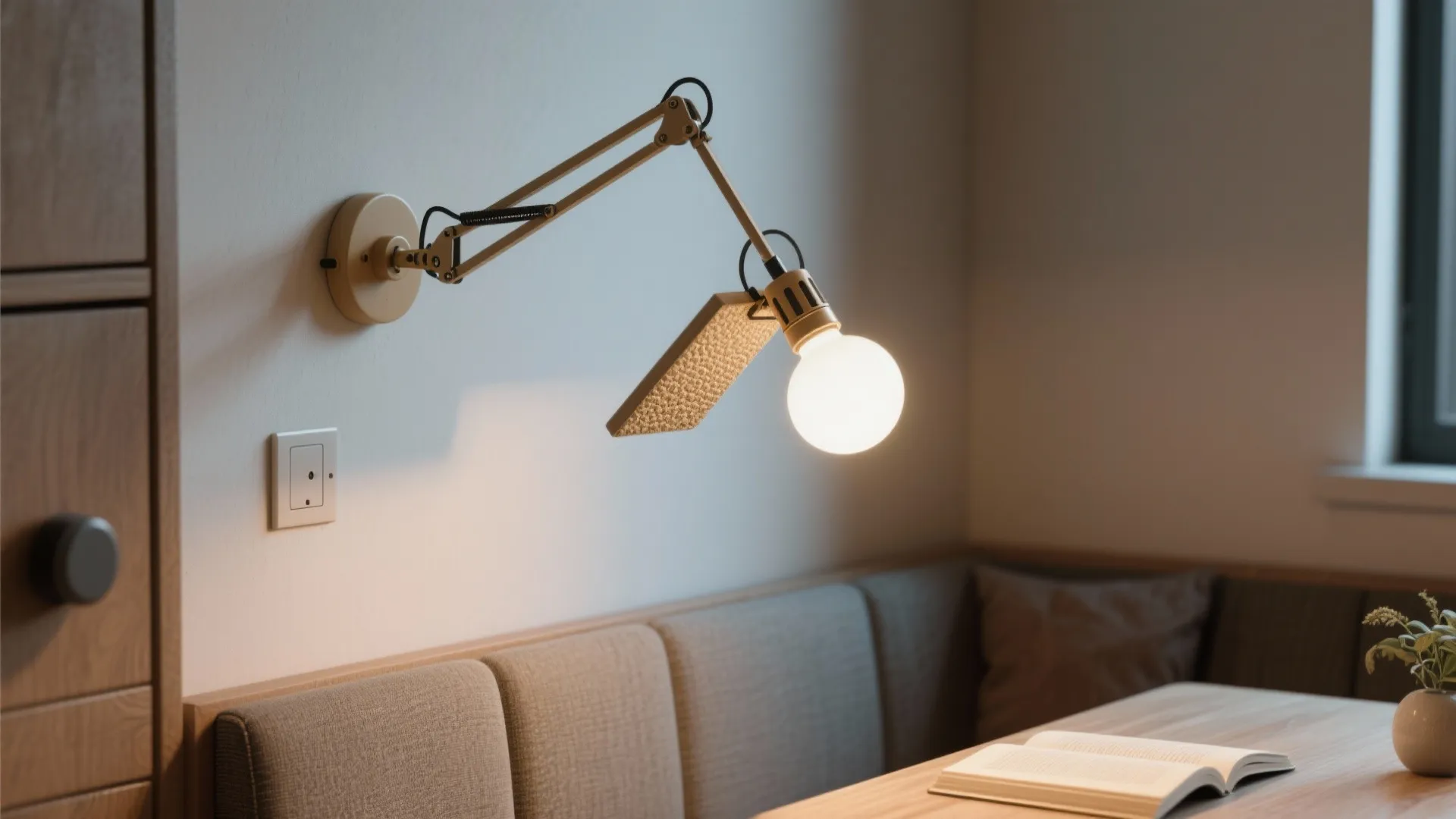 Close-up of a wall-mounted swing-arm sconce over a banquette providing fold-away task light.