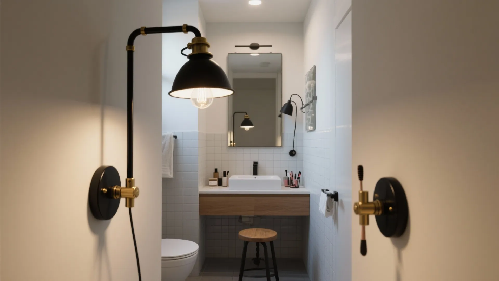 Small bathroom showing a black swing-arm sconce extended for grooming and tucked away for space-saving.