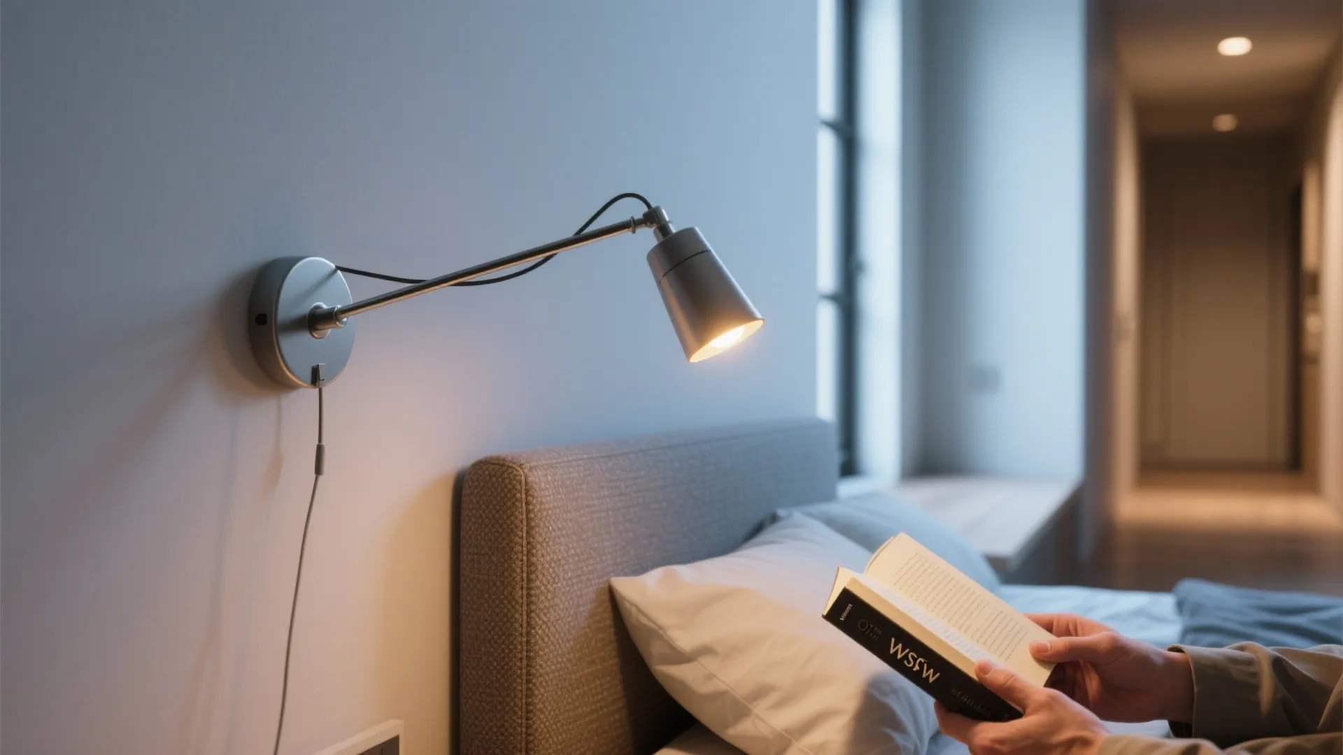 Slim swing-arm sconce beside a bed providing adjustable warm reading light in a small bedroom.