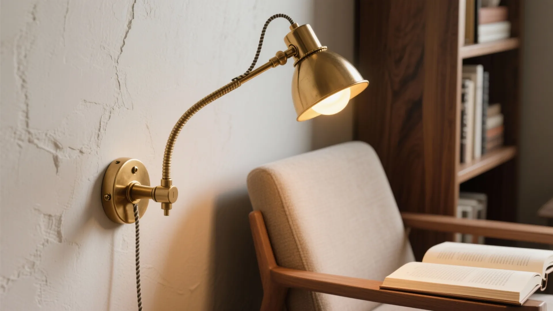 Brass swing-arm sconce extended over an open book, warm reading light on pages
