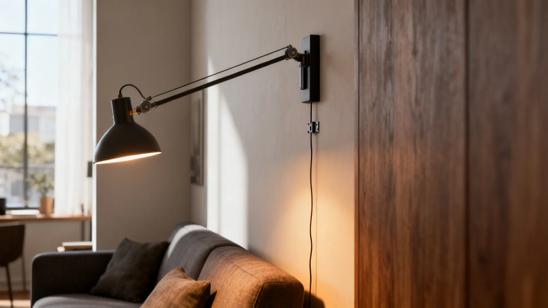 Narrow living room corner with an extended swing-arm sconce providing task light above a sofa